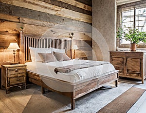 Bed with barn wood headboard and rustic bedside cabinet. Farmhouse interior design of modern bedroom