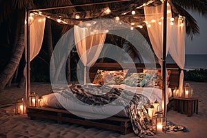 Bed on beach with lights, romantic exotic landscapes