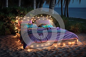 Bed on beach with lights, romantic exotic landscapes