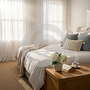 The bed. A bedside table holds a small vase of white hydrangeas