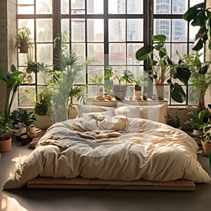 Bed with beige bedding in room with many green houseplant