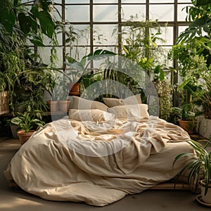 Bed with beige bedding in room with many green houseplant