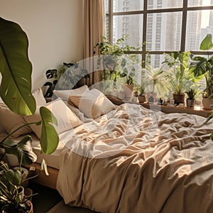 Bed with beige bedding in room with many green houseplant