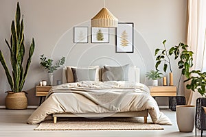 Bed with beige bedding in room with many green houseplant. Scand