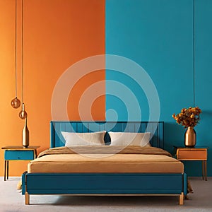 Bed and bench against orange and blue wall with copy space. Art deco interior design of modern bedroom