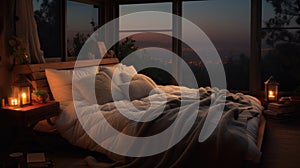 A bed with a blanket and pillows sitting in front of a window, AI