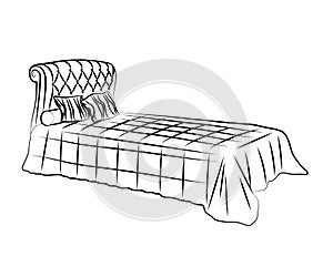 Bed and blanket on a white background. Sketch. Vector
