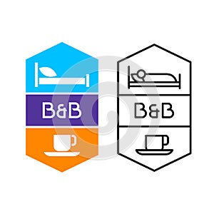 Bed and breakfast logo for hotel service or hostel house. Bed with pillow and cup of coffee symbols.