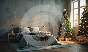 A bed with a brown blanket is in the middle of a room with a Christmas tree in the corner.