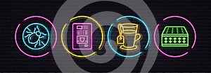Bed bugs, Coffee vending and Tea minimal line icons. For web application, printing. Neon laser 3d lights. Vector