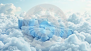 A bed in the clouds with blue sheets and pillows.