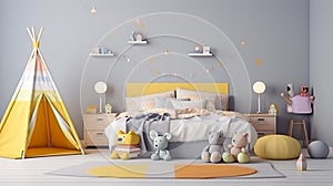 Bed with colorful linen in stylish children room. Interior design. generative ai