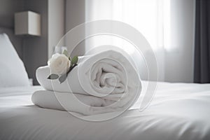 bed comfortable spa bath flower modern bedchamber window towel welcome. Generative AI.