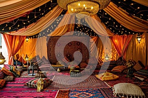 A bed covered in numerous pillows and blankets creates a cozy atmosphere, A traditional Arabian tent, majestically decorated with