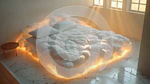 Bed Covered in White Fluffy Clouds in Bedroom