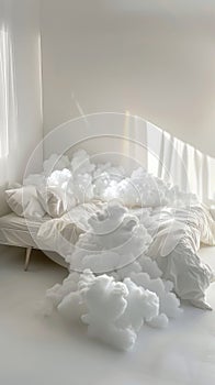 Bed Covered in White Fluffy Clouds in a Room