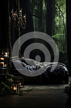 Bed in Dark Forest With Chandelier