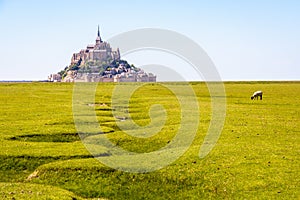 The bed of a dried-up stream snaking in the salt meadow opposite the Mont Saint-Michel tidal island in Normandy, France