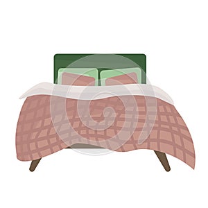 The bed in a flat style is isolated on a white background. A green bed with a pink blanket and pillows.