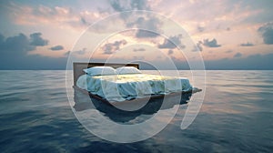 Bed floating in peaceful ocean water