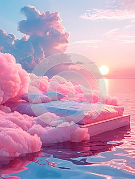 Bed floats in center of water, enveloped by pink clouds at dusk