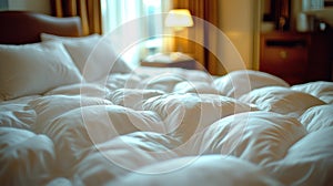 inviting hotel bed with fluffy white comforter