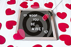 Bed at home by letter board Woof you be mine. Red hearts and rose..Valentines concept