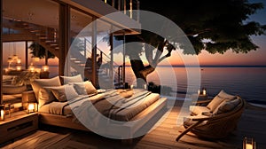 Bed, Hotel room with beach at night