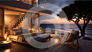 Bed, Hotel room with beach at night