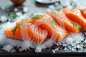 A bed of ice cradles a raw salmon fillet, enticingly displayed