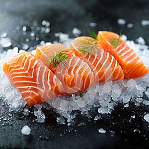 A bed of ice cradles a raw salmon fillet, enticingly displayed