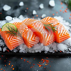 A bed of ice cradles a raw salmon fillet, enticingly displayed