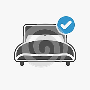 Bed icon with check sign. Bed icon and approved, confirm, done, tick, completed symbol