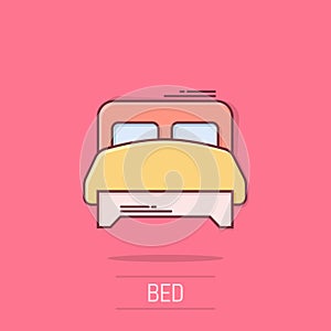 Bed icon in comic style. Bedroom cartoon sign vector illustration on white isolated background. Bedstead splash effect business