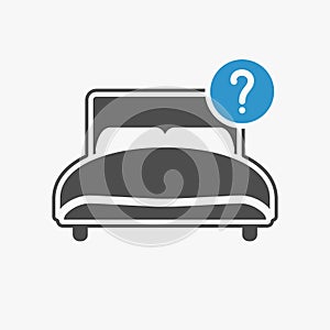 Bed icon with question mark. Bed icon and help, how to, info, query symbol