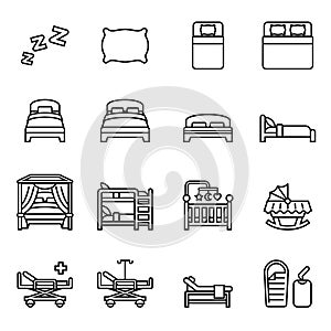 Bed icons set. Bedroom furniture, mattress and relax service. Line style stock vector.