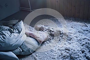 Bed linen in abandoned hotel bedroom