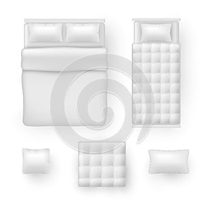 Bed linen, bedding sheets, bedclothes realistic mockups set. Pillow, blanket, cushion, comforter.