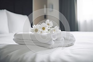 bed modern welcome bath towel comfortable flower bedchamber spa window. Generative AI.