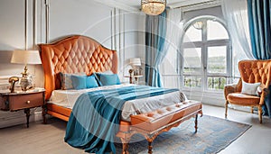 Bed with orange leather headboard and blue bedding. Art deco style interior design of modern bedroom