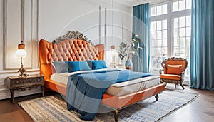 Bed with orange leather headboard and blue bedding. Art deco style interior design of modern bedroom
