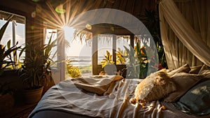 A bed with a pillow and plants on it in front of the window, AI