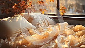 A bed with pillows and a vase of leaves