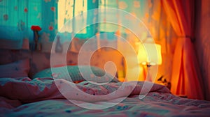 A bed with a pink comforter and pillows in front of the window, AI