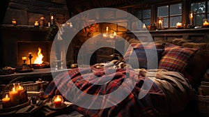 A bed with a plaid blanket and candles in front of a fireplace, AI