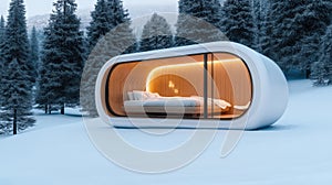 A bed in a pod with lights on and snow around it, AI