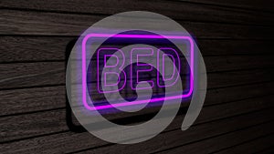 Bed purple color neon fluorescent tubes signs on wooden wall. 3D render, illustration, poster, banner. Inscription, concept on