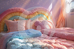A bed with a rainbow headboard and pillows