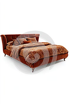 A bed with a red comforter and pillows