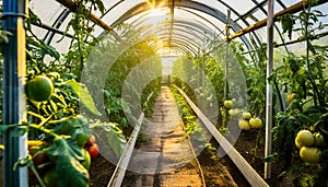 Bed of red and green tomatoes growing in greenhouse, garden. Agricultural plant. Farm harvest